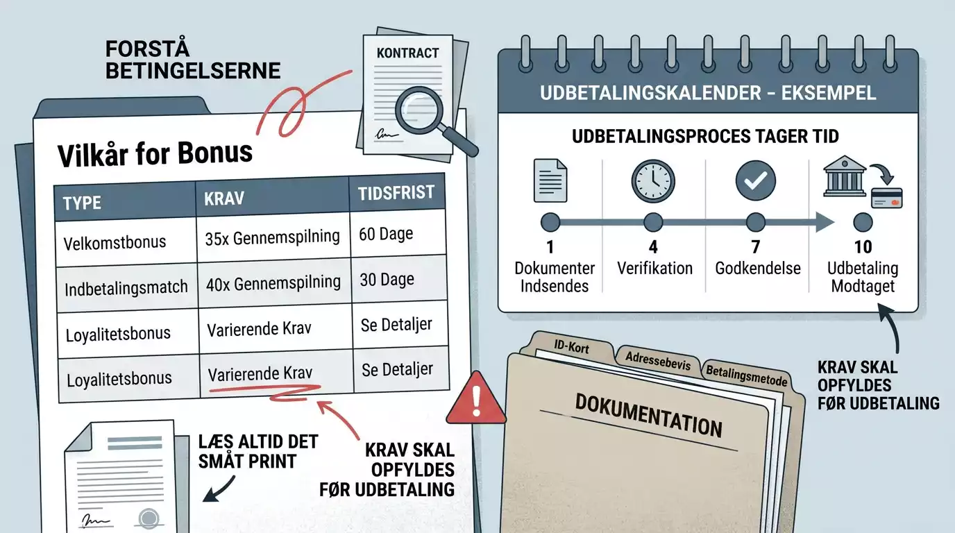 Oversigt over bonusvilkår, dokumenter og udbetaling med rolige markeringer